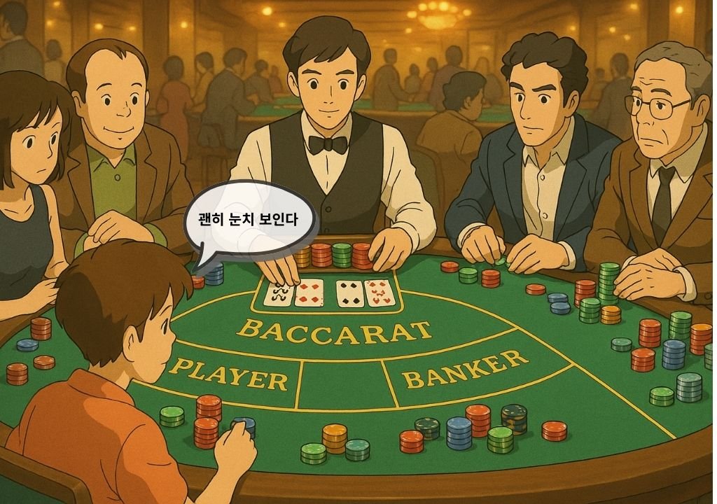 바카라 초보자가 사람이 많은 테이블에서 베팅 전 긴장하는 모습