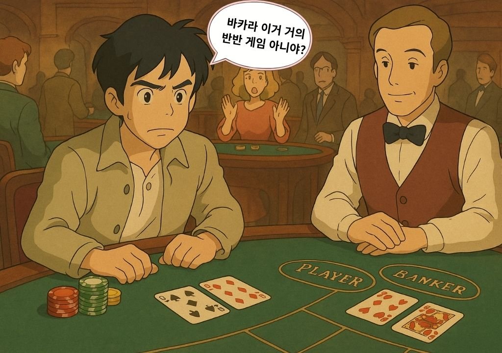 바카라 확률 착각을 표현한 지브리 스타일 바카라 테이블 일러스트