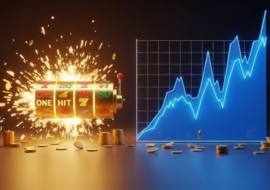 잭팟처럼 터지는 슬롯 릴과 급등락하는 그래프가 나란히 있는 슬롯머신 변동성 이미지