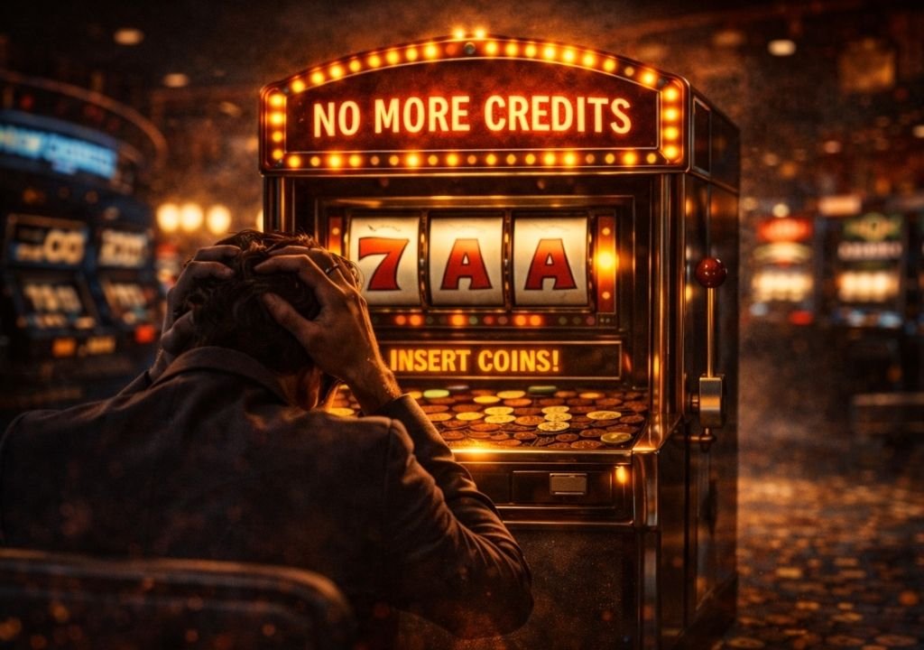 슬롯머신 전략이 무너지고 본전 심리가 시작되는 순간을 표현한 영화 스타일 이미지