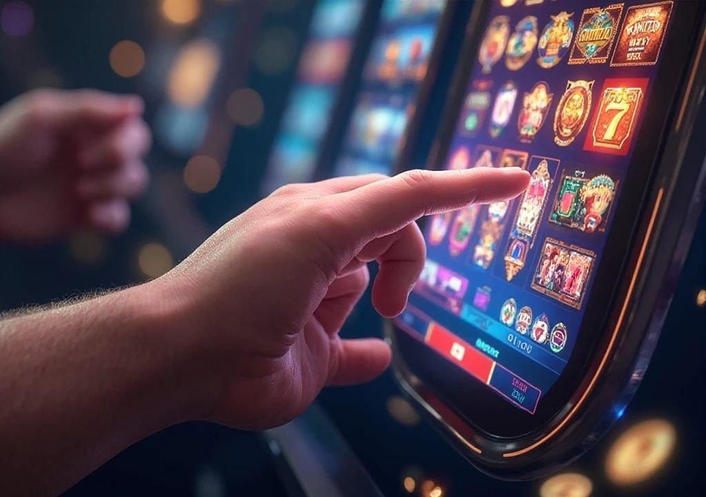 플레이어가 슬롯 게임 선택 화면에서 아이콘을 터치하는 모습