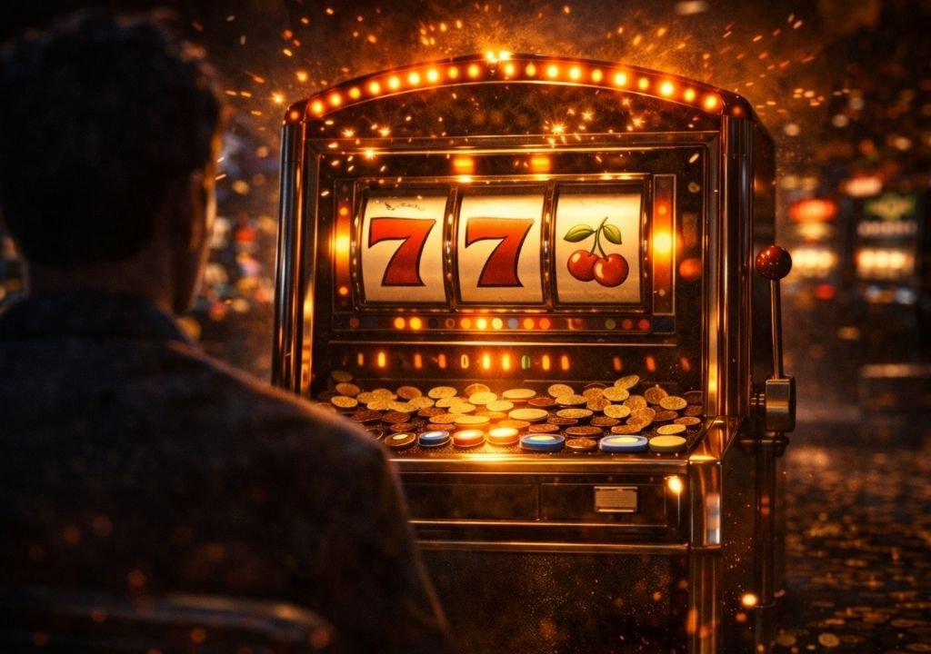 슬롯머신 전략이 통하지 않는 이유 중 하나인 당첨 연출과 한 번 더 하게 만드는 심리를 표현한 이미지