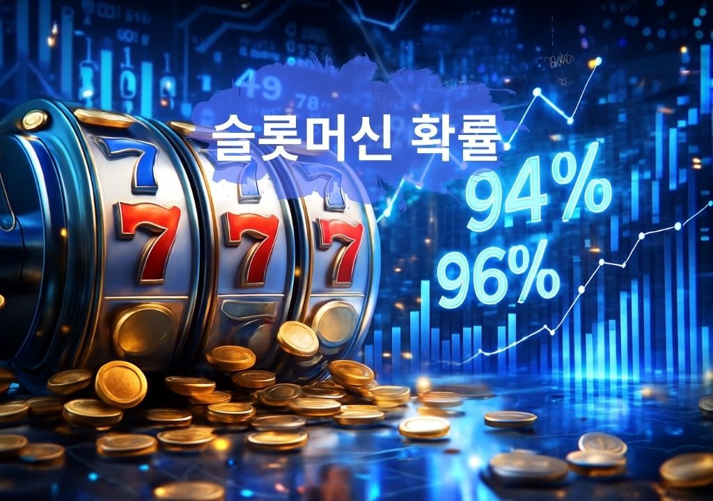 3D 슬롯머신 릴과 확률 그래프(94%, 96%)로 구성된 슬롯머신 확률 이미지