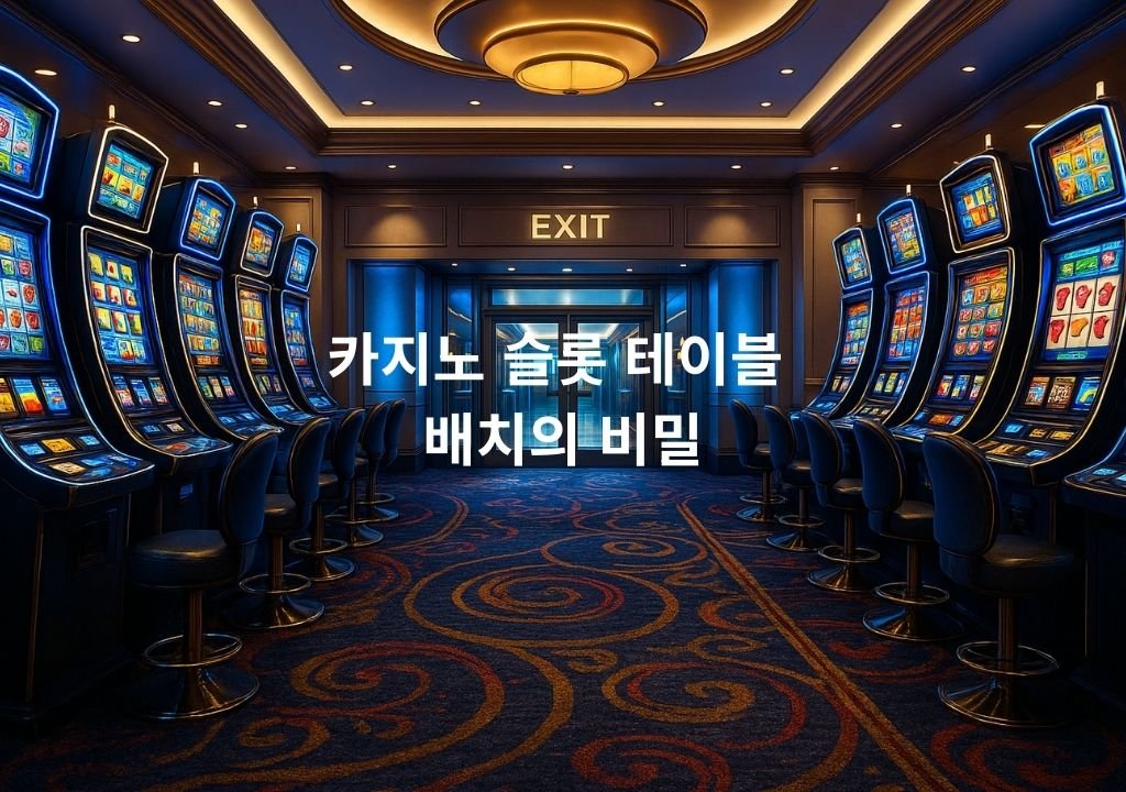 카지노 슬롯 테이블 배치 구조를 보여주는 장면으로, 카지노 입구에 양쪽으로 줄지어 배치된 슬롯 머신을 사실적으로 표현한 3D 일러스트