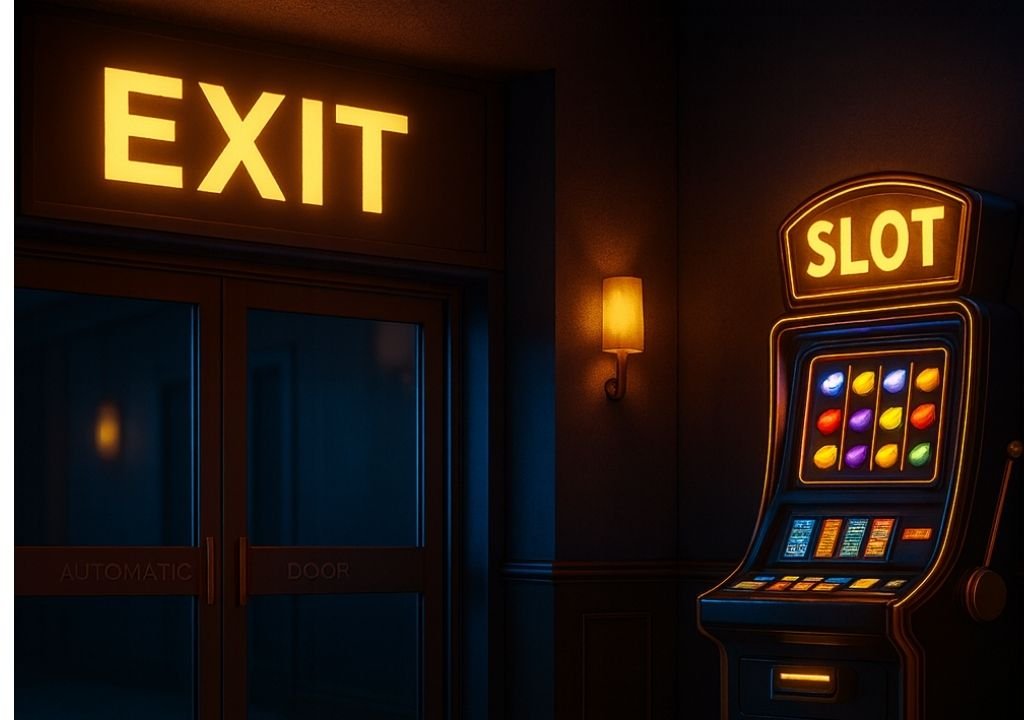 카지노 슬롯 테이블 배치 구조를 보여주는 장면으로, 출구 앞에 배치된 슬롯 머신과 EXIT 표지판을 사실적으로 묘사한 3D 일러스트