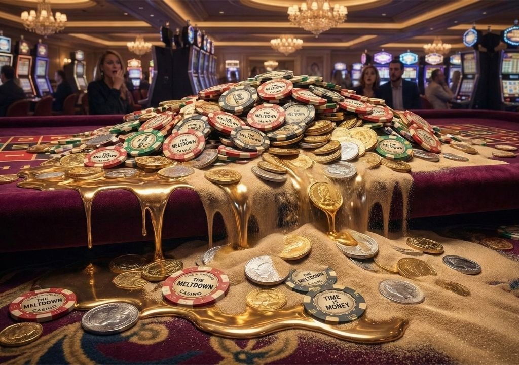 카지노에 가면 왜 나도 모르게 돈이 녹아내릴까를 상징적으로 보여주는 이미지로, 카지노 테이블 위에서 칩과 동전이 모래처럼 서서히 녹아내리는 장면