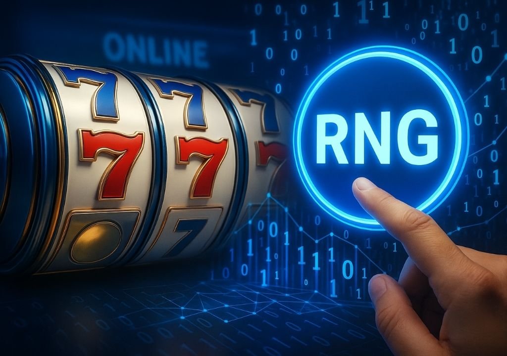 RNG 버튼과 777 슬롯 릴로 구성된 슬롯머신 독립 시행 이미지