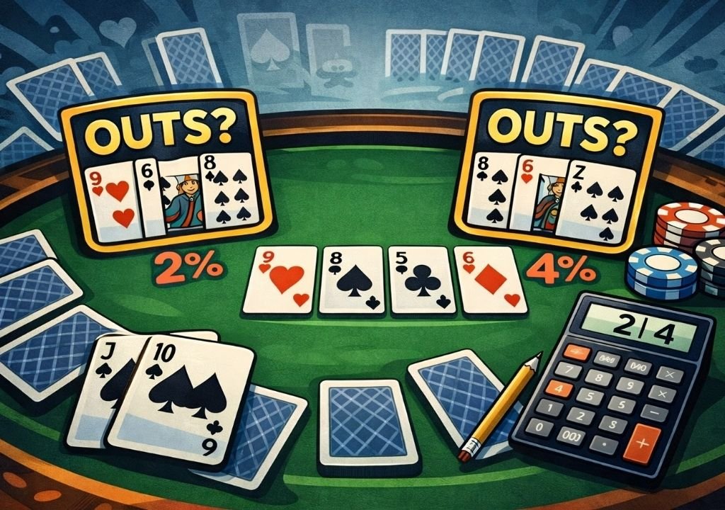 텍사스 홀덤 확률 계산법 2와 4의 법칙을 설명하는 아웃 일러스트