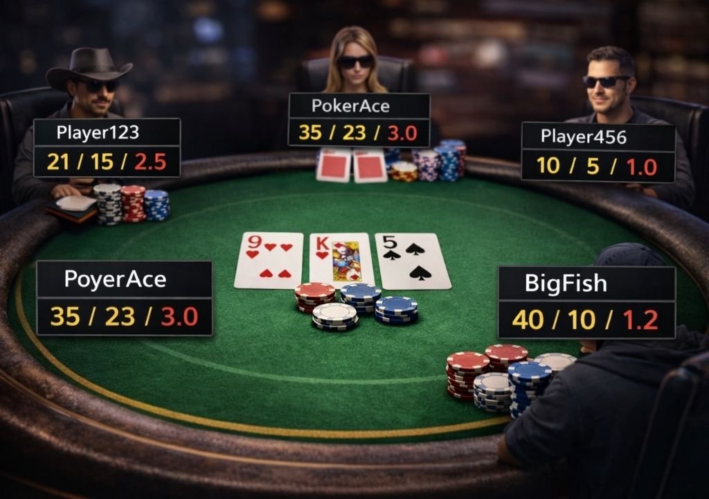 온라인 텍사스 홀덤에서 HUD 통계가 플레이어 이름 옆에 표시된 화면