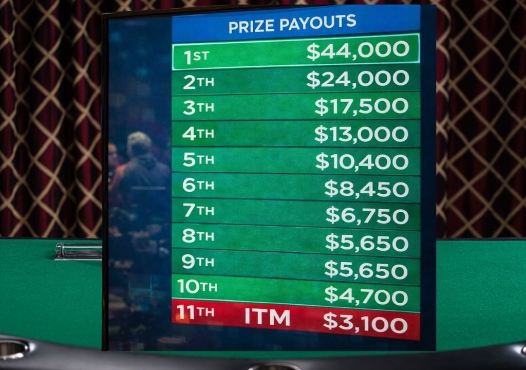 텍사스 홀덤 대회 상금 구조에서 ITM 기준선을 보여주는 상금 표