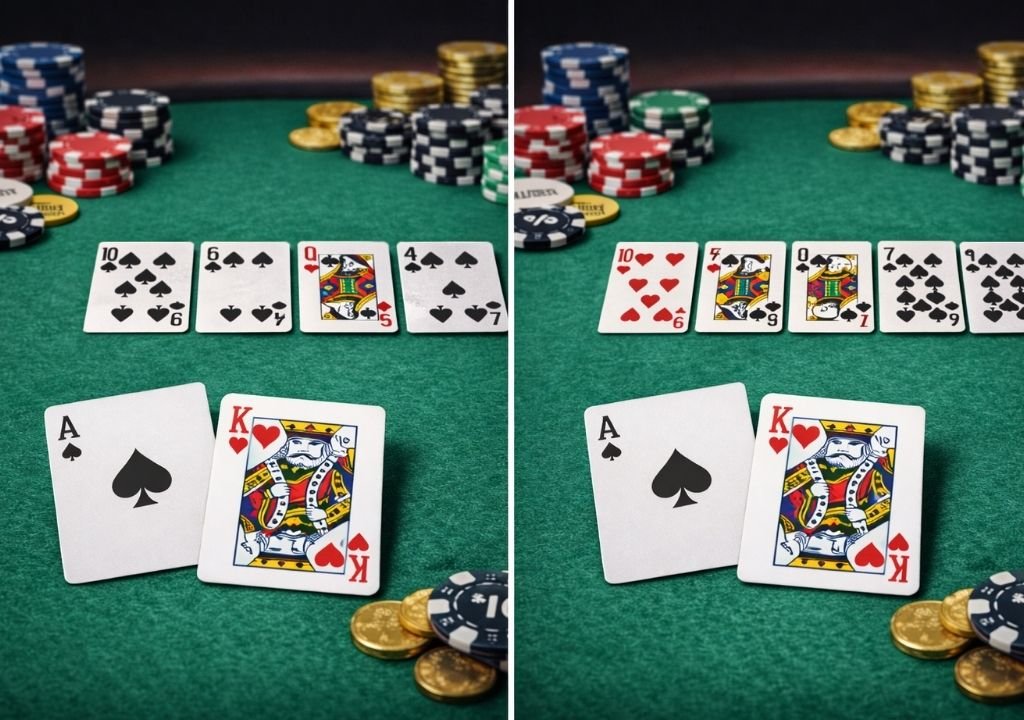 텍사스 홀덤 족보에서 같은 패가 보드 상황에 따라 다른 가치를 갖는 예시 이미지