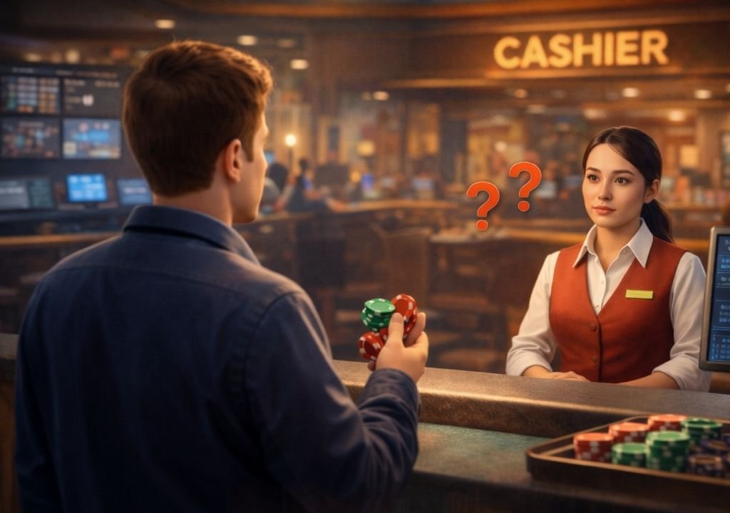 게임 기록 없이 대신 캐시아웃하려는 상황을 보여주는 3D 이미지로,
카지노 캐셔 창구에서 플레이어가 칩을 제시하고
캐셔가 확인 절차를 진행하는 장면