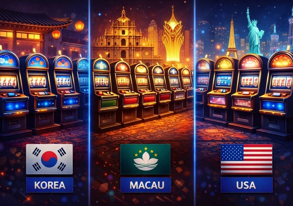 한국·마카오·미국 카지노의 슬롯머신 잭팟 구조를 비교한 이미지, 국가별 잭팟 규모와 규제 차이 설명
