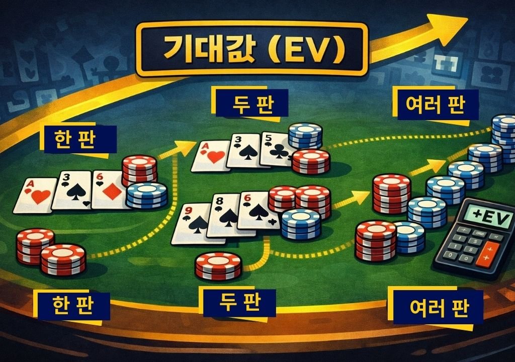 텍사스 홀덤 기대값(EV)을 설명하는 반복 플레이와 칩 흐름 일러스트