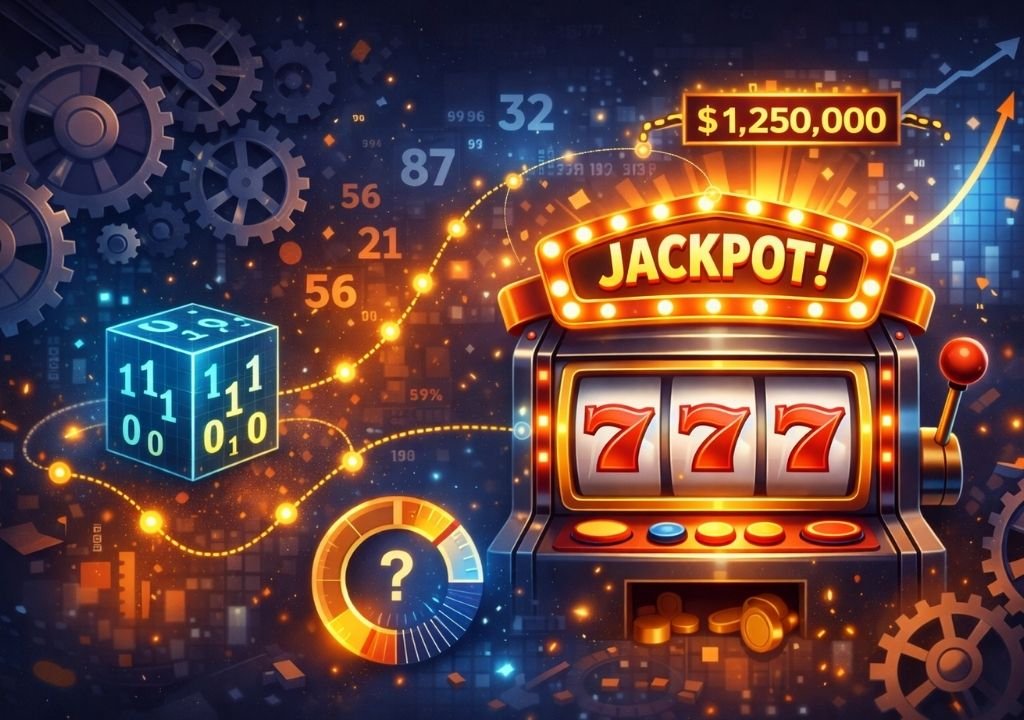 슬롯머신 잭팟 시스템 구조 이미지, RNG와 확률에 의해 잭팟이 결정되는 구조 설명