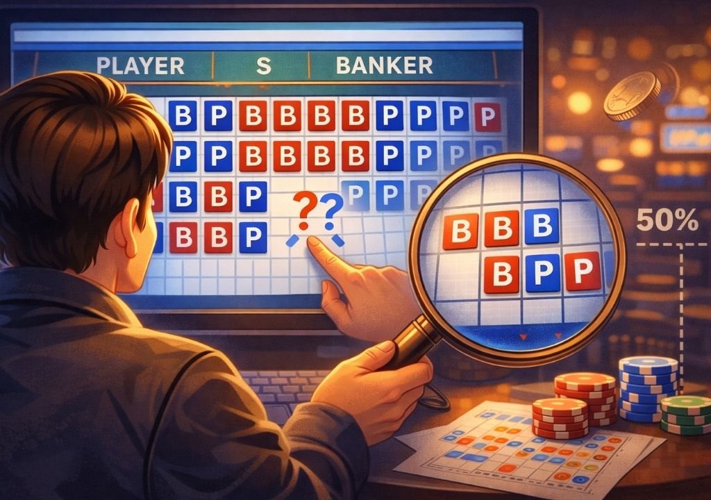 온라인 바카라에서 연속 결과 기록을 보며 온라인 카지노 패턴을 예측하려는 착각을 표현한 이미지