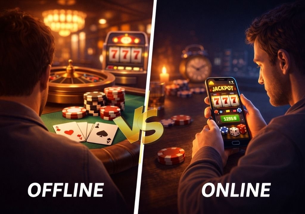 오프라인 카지노 테이블과 스마트폰으로 플레이하는 온라인 카지노 환경을 대비한 3D 스타일 이미지