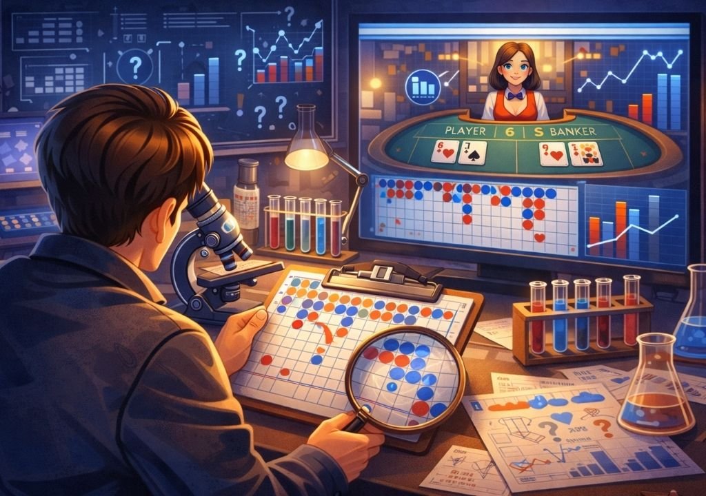 온라인 카지노에서 바카라 결과 기록과 그래프를 분석하며 온라인 카지노 패턴을 찾으려는 장면을 표현한 이미지