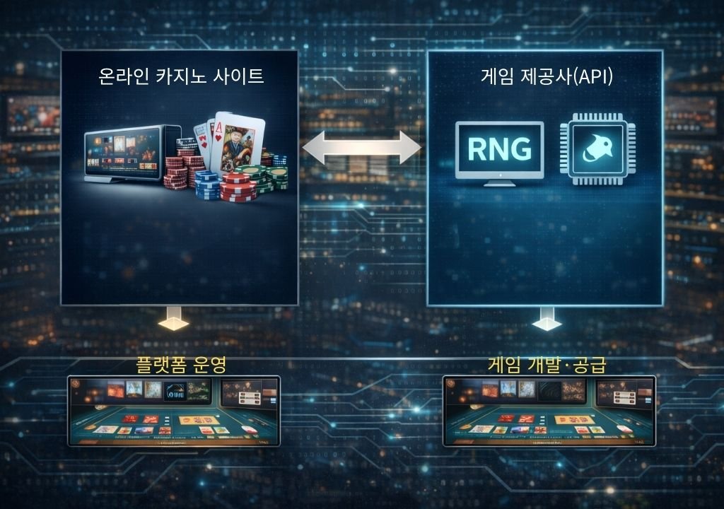 온라인 카지노 공정성 관점에서 사이트와 게임 제공사(API)의 역할 차이를 설명하는 구조 이미지