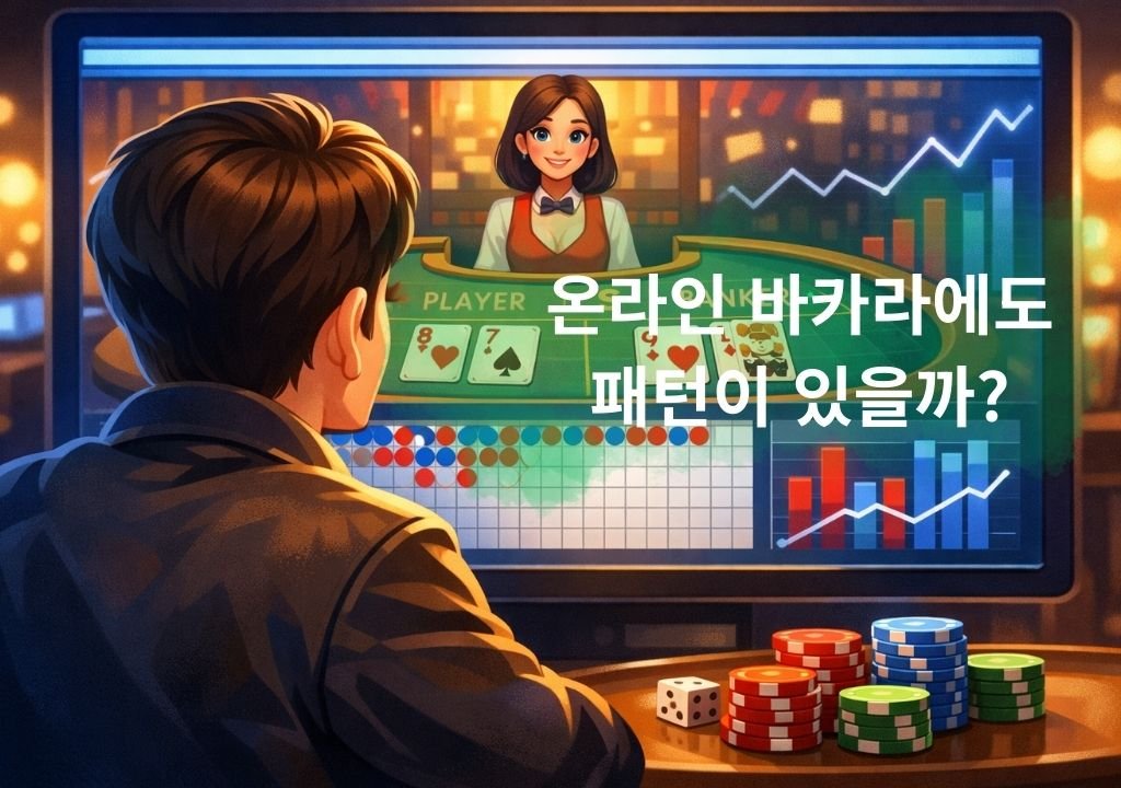 온라인 바카라 화면에서 연속 결과를 보며 온라인 카지노 패턴을 느끼는 사람을 표현한 일러스트