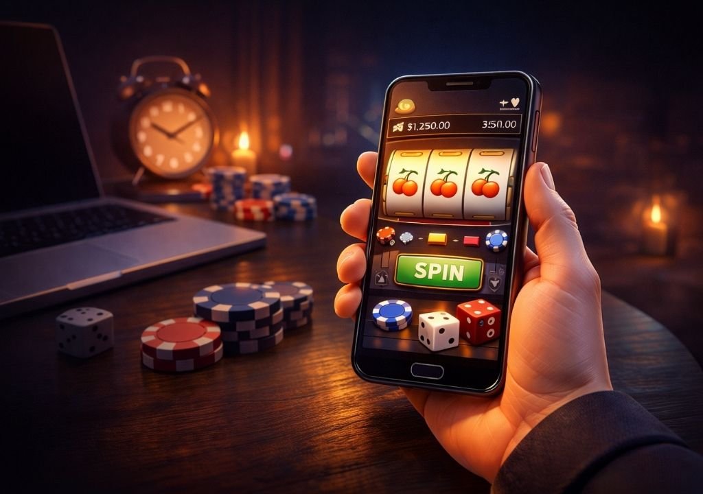 온라인 카지노에서 스마트폰으로 게임을 플레이하는 모습을 표현한 3D 스타일 이미지
