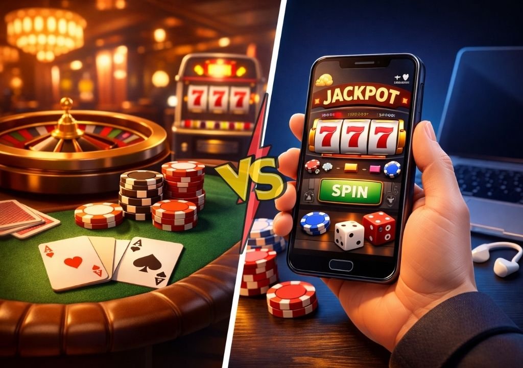 온라인 카지노와 오프라인 카지노의 플레이 환경 차이를 3D 스타일로 비교한 이미지