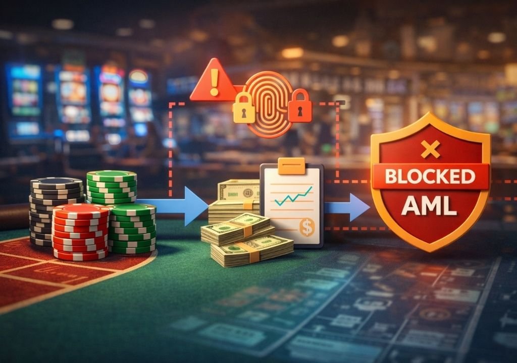 자금세탁방지(AML)를 설명하는 3D 이미지로,
카지노 칩과 현금이 기록과 경고 시스템을 거쳐
차단되는 구조를 통해 카지노 자금 흐름 관리 과정을 표현한 장면