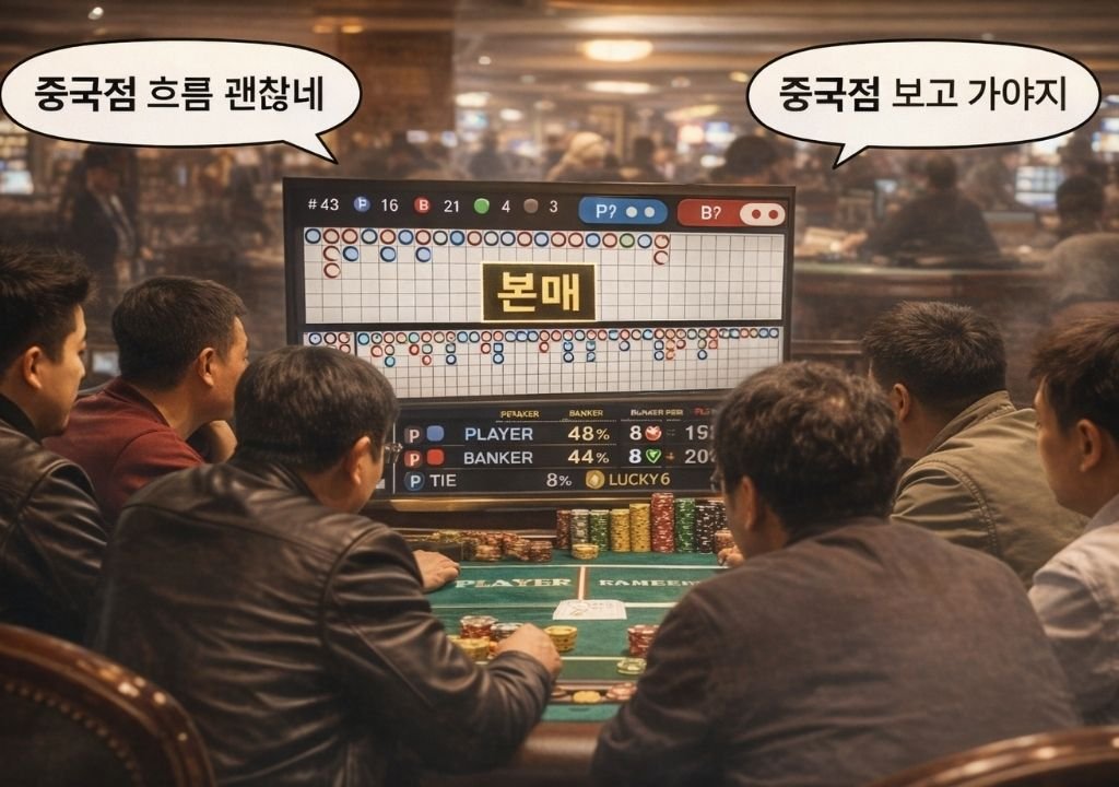 바카라 중국점이라는 말이 사용되는 장면 이미지 – 본매(빅로드)를 보며 대화하는 바카라 테이블