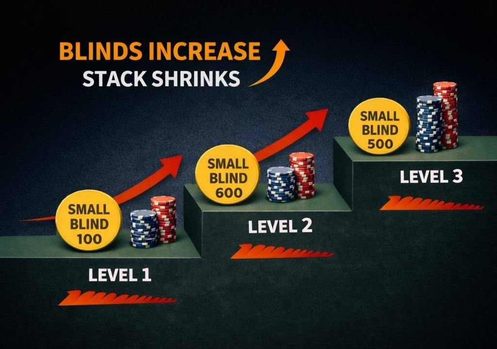 텍사스 홀덤 블라인드 상승으로 가만히 있어도 스택이 줄어드는 구조를 보여주는 이미지