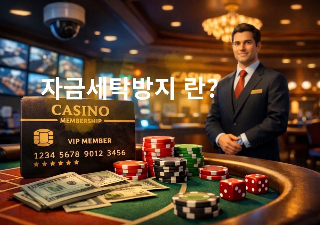 카지노 회원카드는 왜 만들까를 설명하는 3D 이미지로, 카지노 회원카드와 칩, 캐셔와 호스트를 통해 자금세탁방지와 게임 기록 관리 구조를 표현한 장면