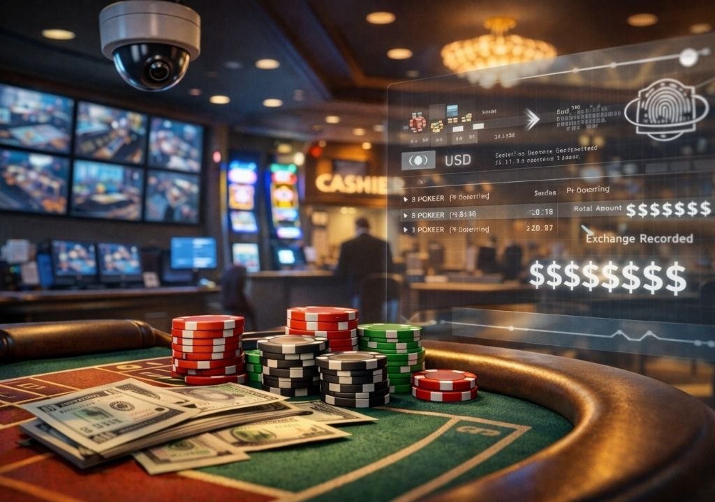 카지노는 단순한 오락장이 아니라는 점을 보여주는 3D 이미지로,
카지노 테이블의 칩과 현금, 캐셔 창구와 감시 시스템을 통해
카지노가 금융 시스템처럼 관리되는 구조를 표현한 장면