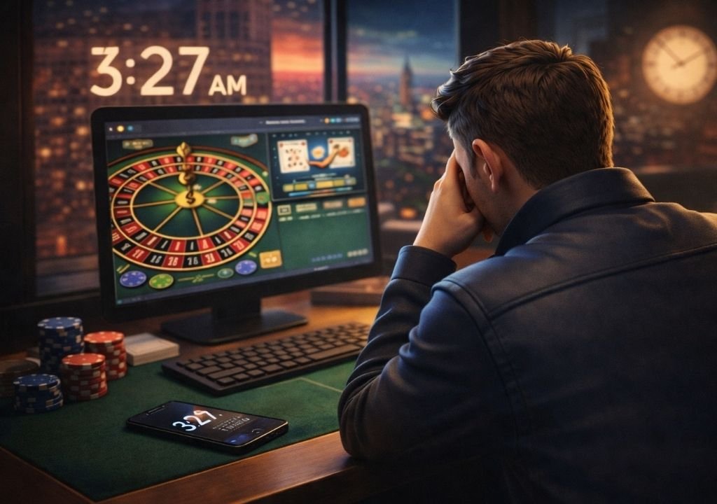 온라인 카지노에서 시간 감각을 잃고 게임을 멈추지 못하는 플레이어를 표현한 이미지