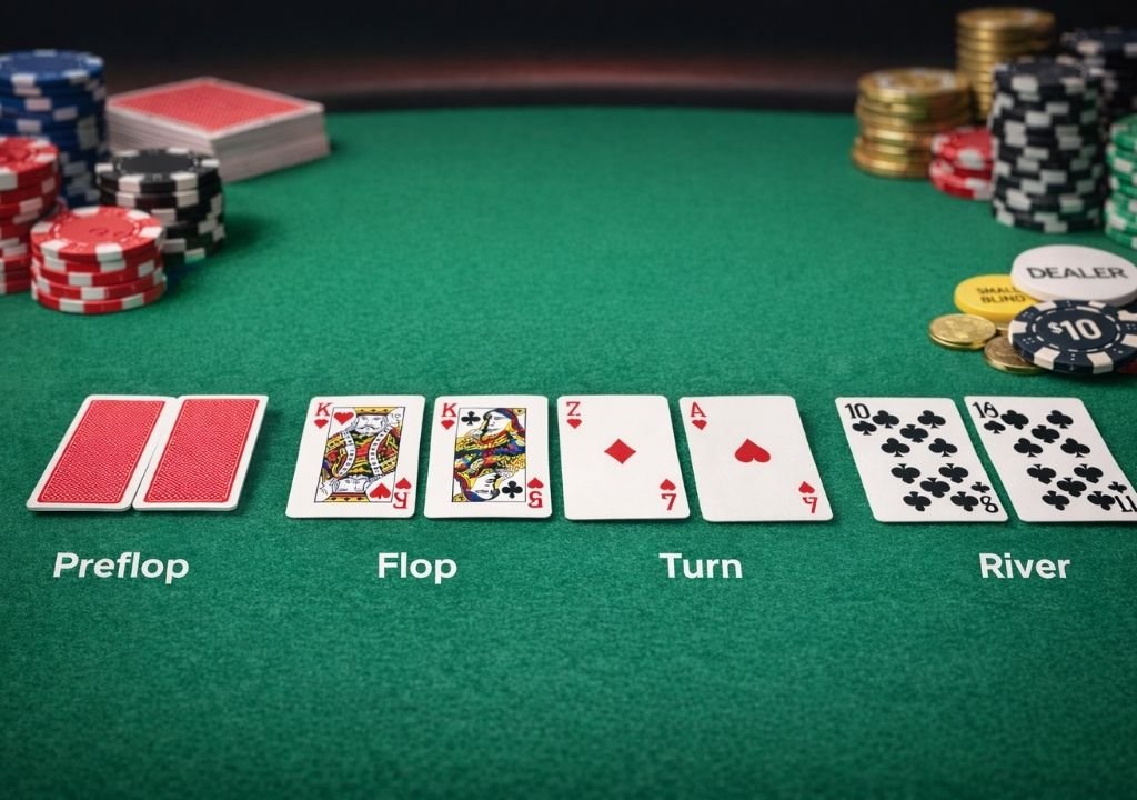 텍사스 홀덤 족보 판단을 위한 프리플랍 플랍 턴 리버 진행 흐름 이미지