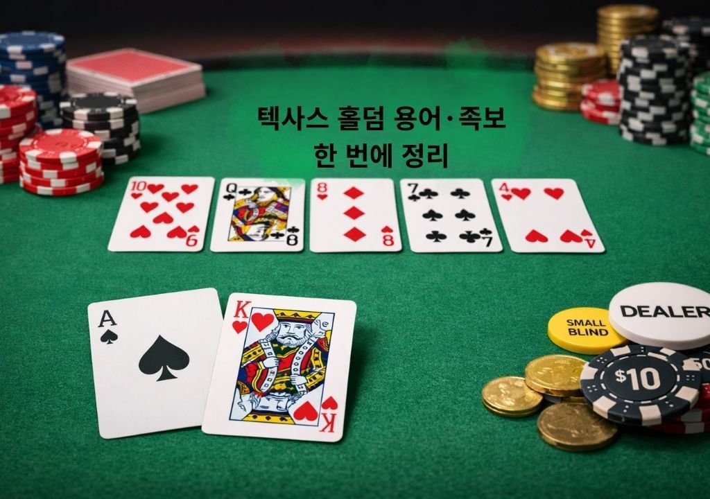 텍사스 홀덤 족보와 커뮤니티 카드 구조를 보여주는 포커 테이블 이미지