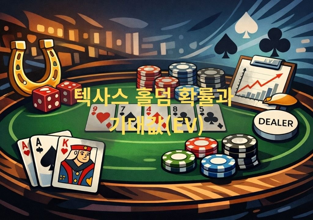 텍사스 홀덤 확률과 기대값(EV)을 설명하는 포커 테이블 일러스트