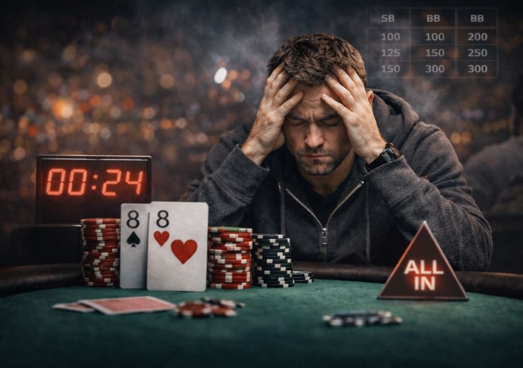 텍사스 홀덤 멘탈 관리가 무너져 틸트 상태에서 시간 압박과 올인 결정을 고민하는 플레이어