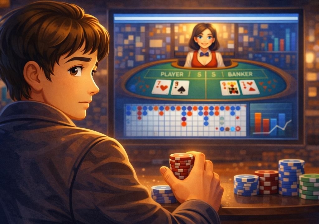 온라인 바카라 화면 앞에서 패턴 착각을 인식하고 온라인 카지노 패턴에 휘둘리지 않으려는 사람의 모습을 표현한 이미지