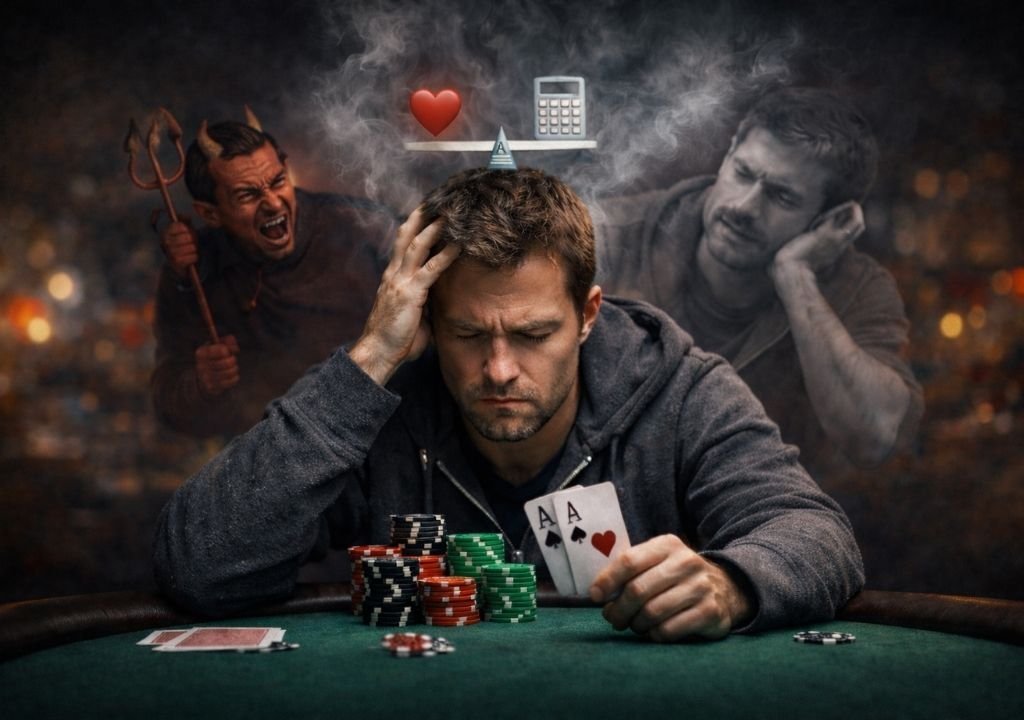 텍사스 홀덤 멘탈 관리가 무너져 포커 틸트에 빠진 플레이어가 에이스 패를 들고 고민하는 장면