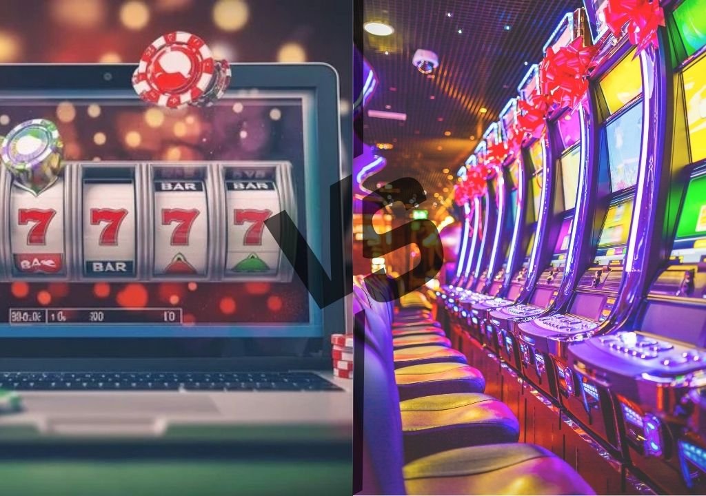온카 온라인 슬롯머신 화면과 오프라인 카지노 슬롯머신 라인을 비교한 이미지