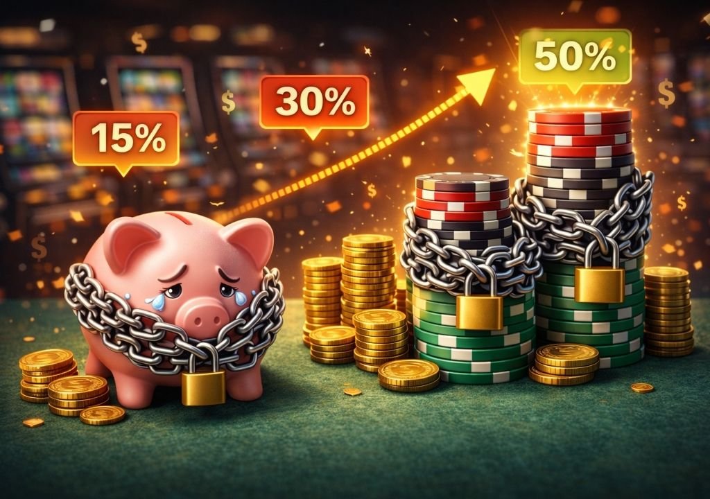 온카 보너스 출금 조건에서 누적 베팅 증가와 부담 확대를 상징하는 카지노 칩 이미지