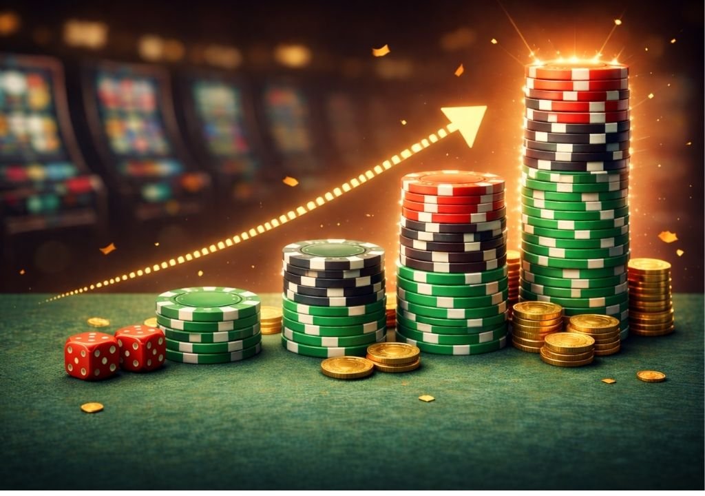 온카 보너스 출금 조건에서 누적 베팅 증가를 상징하는 단계별 카지노 칩 이미지