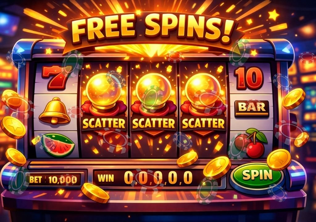온라인 슬롯머신 무료스핀이 스캐터 조건 충족으로 발동되는 온라인 슬롯 화면 예시