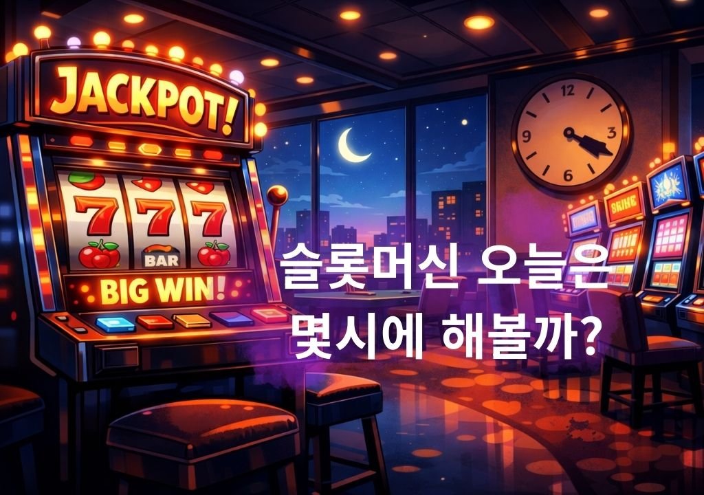슬롯머신 잘 터지는 시간에 대한 오해를 상징적으로 표현한 카지노 슬롯머신과 시계 이미지