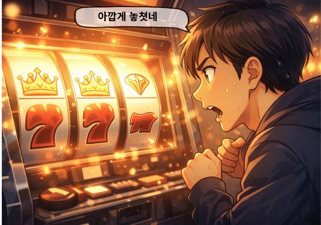 슬롯머신 Near Miss 효과로 긴장한 인물이 잭팟을 놓치는 순간