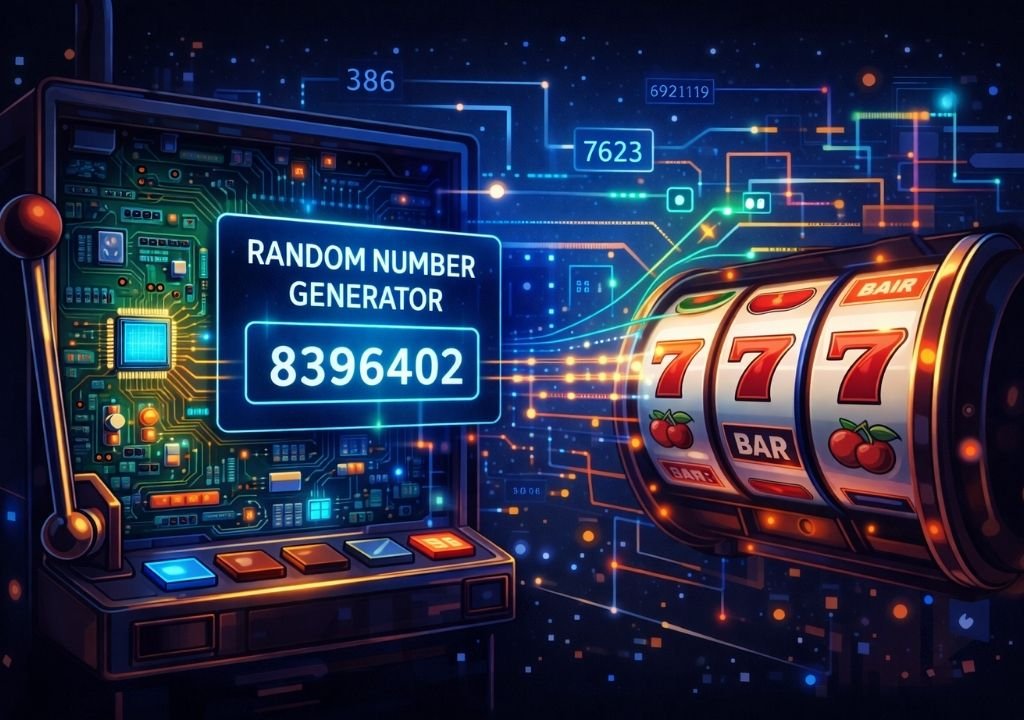 슬롯머신이 시간과 무관하게 RNG 기반 난수로 작동하는 구조를 보여주는 슬롯머신 내부 알고리즘 이미지