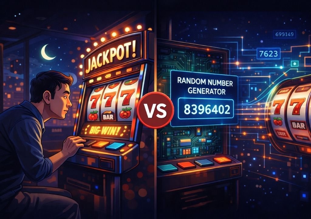 슬롯머신 잘 터지는 시간이라는 인식과 실제 RNG 기반 확률 구조를 대비해 보여주는 슬롯머신 비교 이미지