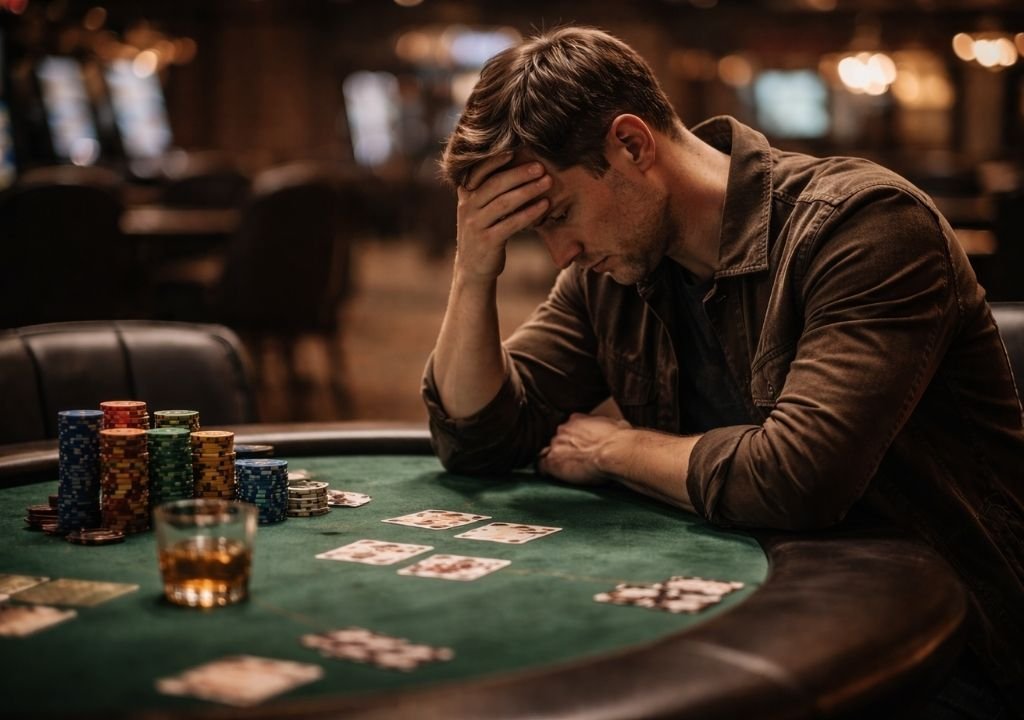 카지노 테이블에서 고민에 잠긴 남자의 모습, 도박 중독 초기 신호와 심리적 갈등을 보여주는 장면