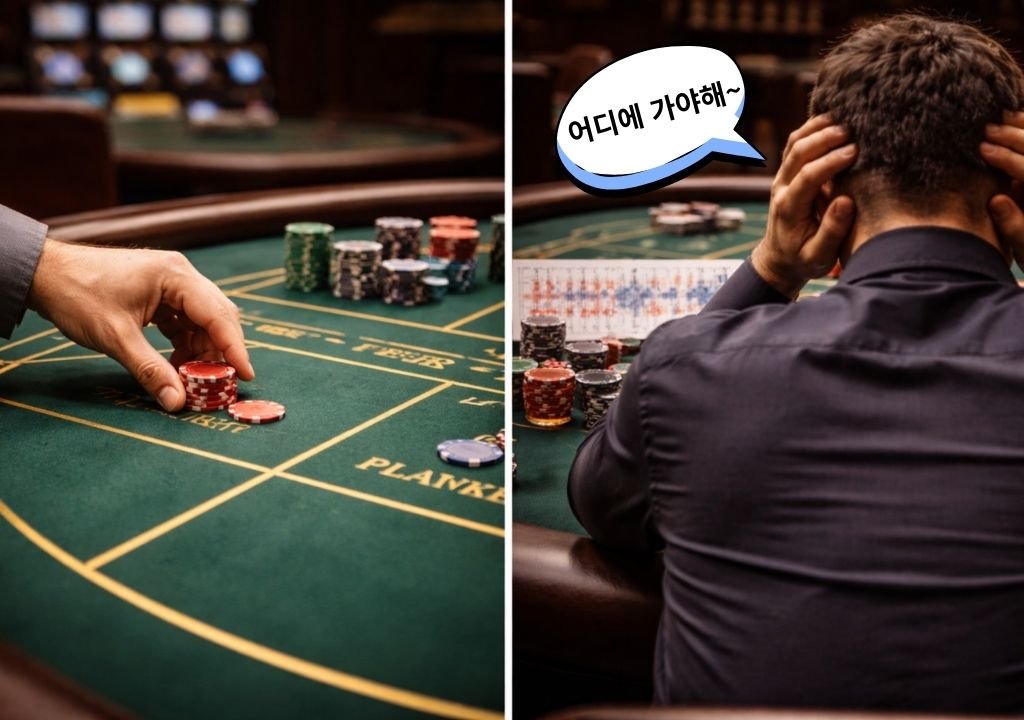 알면 알수록 바카라 헷갈리는 이유를 보여주는 바카라 테이블 앞에서 단순한 베팅과 고민하는 플레이어의 대비 장면