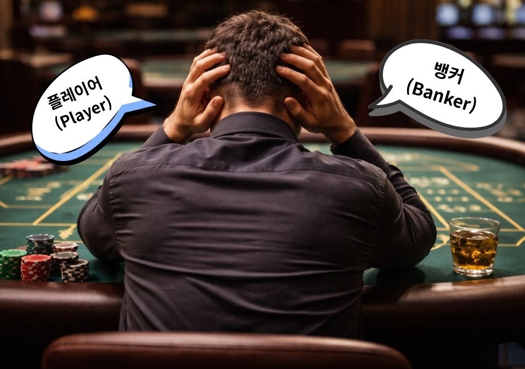 알면 알수록 바카라 헷갈리는 이유를 상징적으로 보여주는 카지노 바카라 테이블 앞에서 고민하는 플레이어 모습