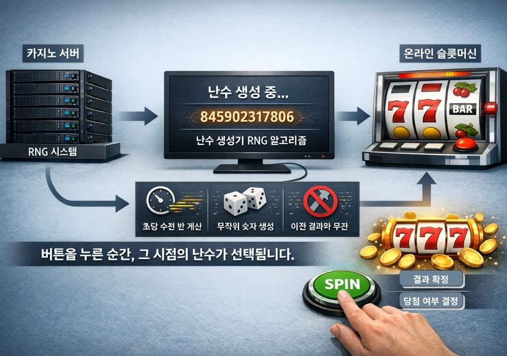 온라인 카지노 난수 생성기(RNG) 작동 원리와 슬롯머신 결과 결정 구조 설명 이미지